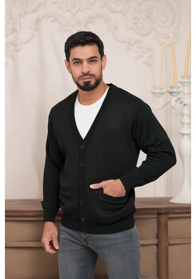 Woolen World Regular Fit V Yaka Ön Cepli Desenli Triko Hırka Siyah