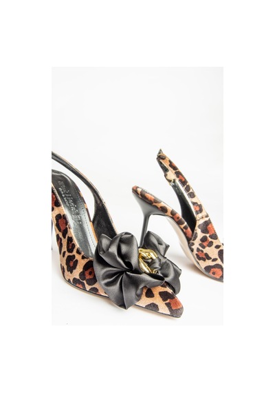 Fox Shoes U820091702 Leopar Süet Fiyonlu İnce Topuklu Kadın Ayakkabı Kahverengi