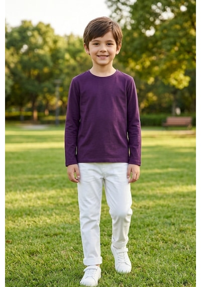 Kiagu Erkek Çocuk Uzun Kollu Basic Düz Tişört %100 Pamuk Bisiklet Yaka T-shirt 2-13 Yaş Mor