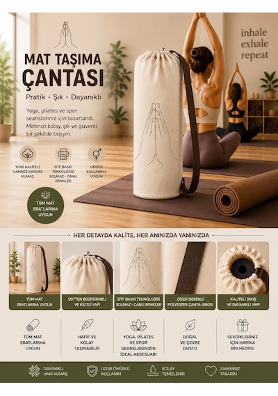 Yoga Mat Taşıma Çantası Hayat Ağacı Lotus Namaste Desenli Hambez Kanvas 70x21 Cm Koyu Kahverengi
