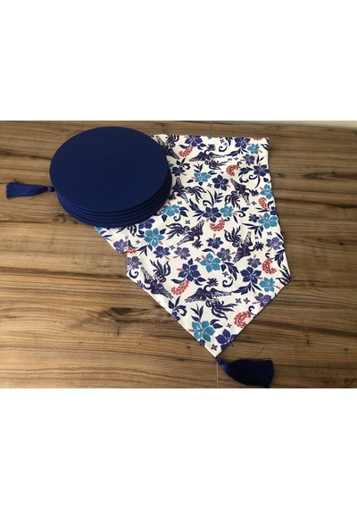 Blue Blanc Çiçek Desenli Runner & Supla Çok Renkli