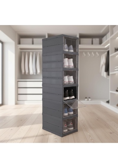 6 Katlı, Katlanabilir Ayakkabılık, Taşınabilir Çok Amaçlı, Geniş, Katlanabilir Dolap Ve Raf, Katlanır Taşınabilir Premium Portatif Organizer Ayakkabılık 25,5cm X 34,5cm X 105,5cm Antrasit Abanoz - Beyaz