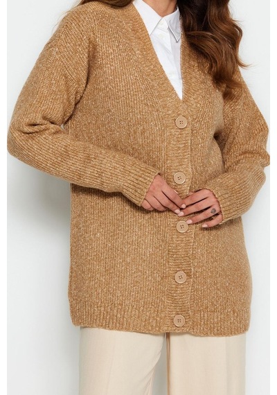 Ersefa Kadın Modern Tarz Rahat Uzun V Yaka Düz Kol Regular Triko Hırka Bej