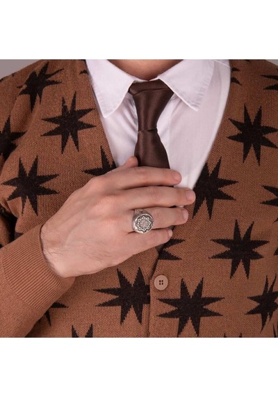Anı Yüzük Büyük Selçuklu Sekiz Köşeli Yıldız Kelime-i Tevhid Eskitme Gümüş Erkek Yüzük