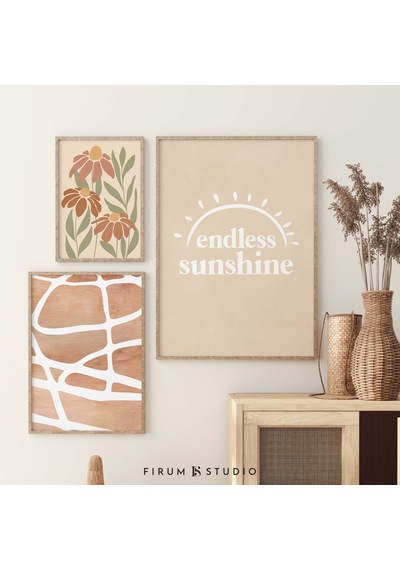 Boho 3'lü Set, Hafif Estetik Sanat, Galeri Duvar Seti, Sıcak Tonlar, 3'lü Duvar Sanatı Seti