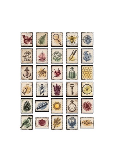 30 Adet Vintage Doğa Ve Posta Pulu Sticker Seti - Ajanda Scrapbook Defter İçin Çok Renkli