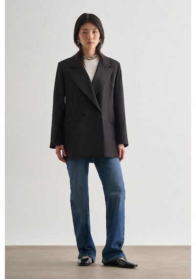 Mizalle Oversize Çift Yırtmaçlı Siyah Blazer Ceket Siyah