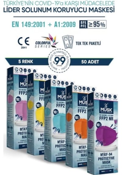 Musk Kf94 Kore Tipi N95 Maske 5 Renk 50 Adet (Turkuaz, Taba