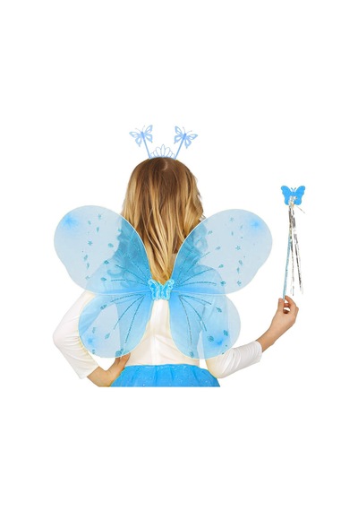 Mavi Kelebek Erkek-kız Seti 50 Cm Kelebek Kanadı, Taç Ve Asa