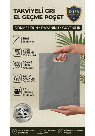 26x38 Gri Takviyeli El Geçme Poşet 1kg