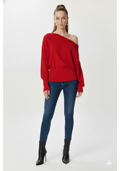 Fiolin Omuzu Açık Off Shoulder Triko Kazak Kırmızı