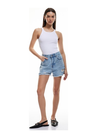 Koton Taşlı Yıpratılmış Düğmeli Cepli Mini Denim Şort Açık İndigo 5sal40071md Açık İndigo