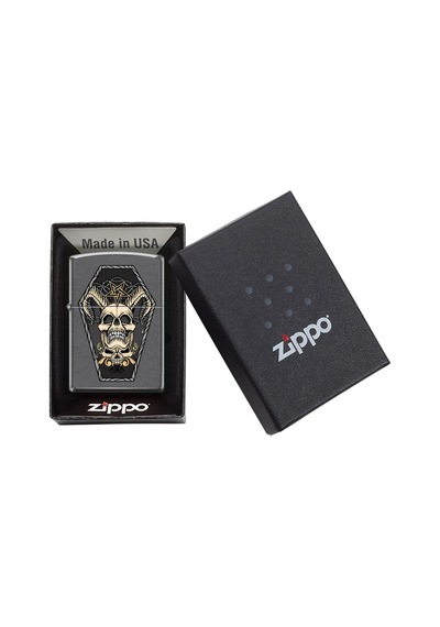 Zippo Horned Skull And Inverted Pentagram İn Coffin - Classic Gray Dizayn Çakmak Gri