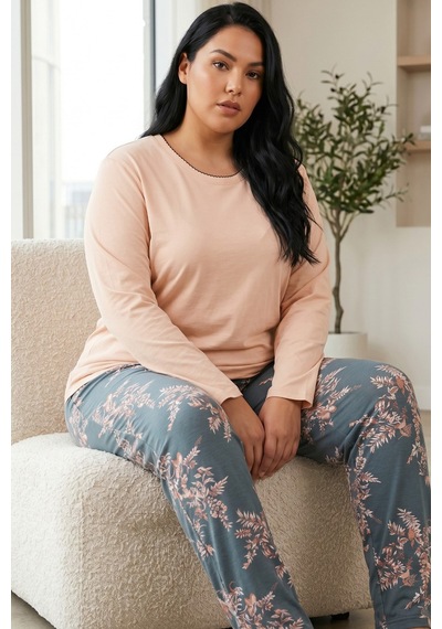Siyah İnci Pamuklu Likralı Büyük Beden Battal Boy Örme Pijama Takım26240943 Somon
