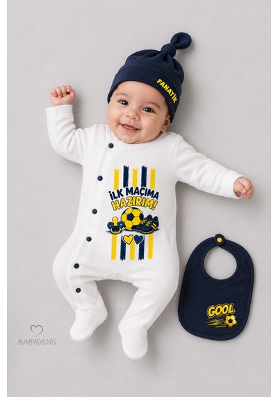 Babyden's Bebek 3 Lü Tulum Seti Sarı Lacivert Taraftar Temalı İlk Maçıma Hazırım Baskılı Yenidoğan Tulum Bere Önlük %100 Pamuk