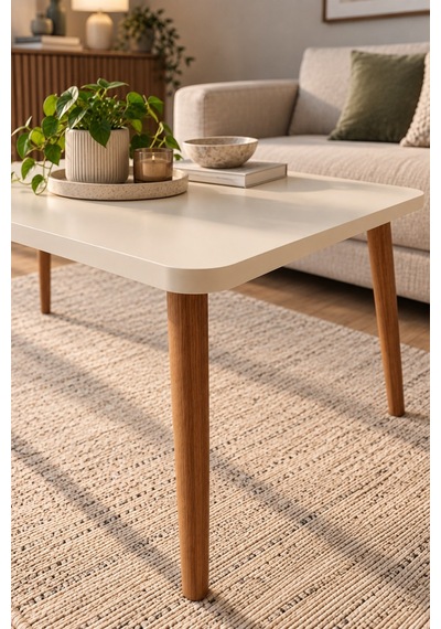 Sulorahome Torna Ayaklı Krem Bej Orta Sehpa 90x50 Cm Akçaağaç