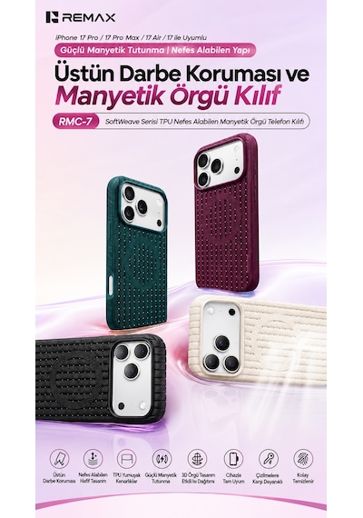 Remax Softweave Series İphone 17 Pro Max Uyumlu Mıknatıslı Örgü Desen Nefes Alan Tpu Kılıf Rmc-7 - Siyah