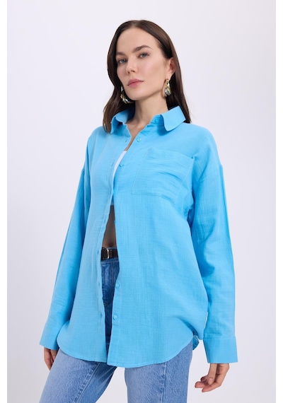 Tudors Kadın Oversize Geniş Kesim %100 Pamuk Müslin Kumaş Uzun Kollu Cepli Dokulu Mavi Gömlek-37926