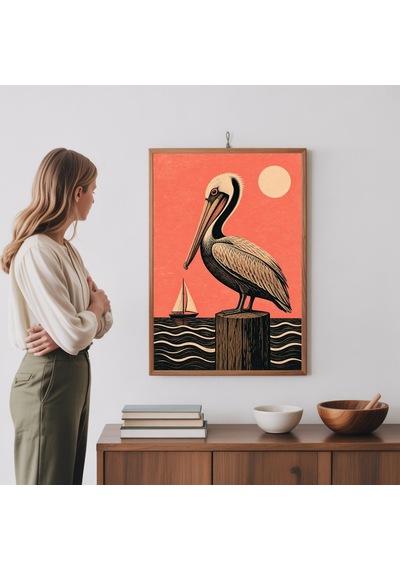 Pelican Okyanus Posteri Pembe Gün Batımı Manzarası Vintage Linol Baskı Sahil Duvar Sanatı
