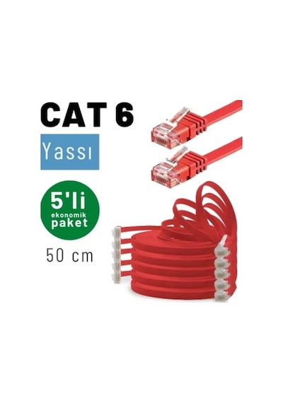 Irenıs 5 Adet 50 Cm Kırmızı Cat6 Kablo Yassı Ethernet Network Lan Ağ İnternet Kablosu