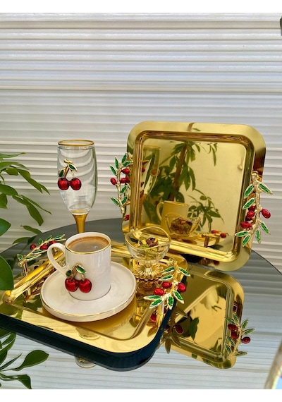 Atabey Home Collection 6'lı Kahve & Çay & Sunum Tepsisi Gold Tepsi Zeytin Dali & Kiraz Modele Uyumlu