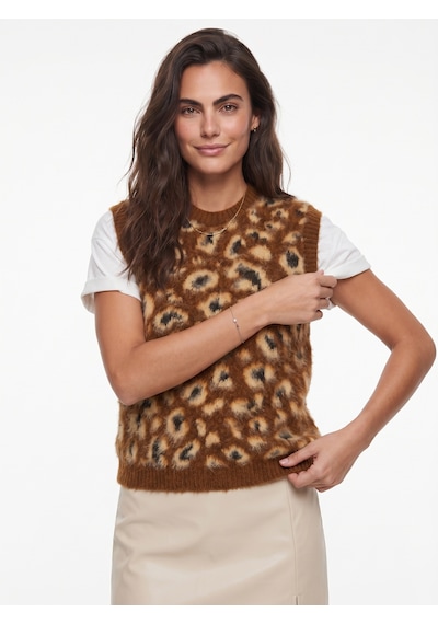 Onloox Kadın Kahverengi-camel Kahverengi Camel Şardonlu Yumuşak Dokulu Leopar Desenli Standart Beden Örme Süveter