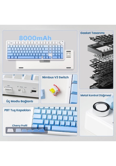 Aula F99 Pro 3 Modlu Rgb Hot Swap Mekanik Nimbus V3 Switch Kablosuz Makrolu Klavye Gradyan Mavi