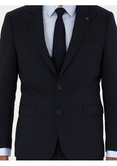 Cacharel Lacivert Slim Fit Yün Karışımlı Yelekli Takım Elbise