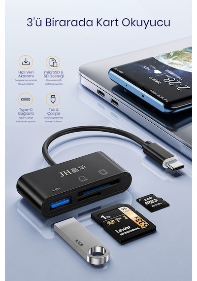 Type-c 3ü 1 Arada Kart Okuyucu Hub, Sd Microsd Tf Kart Ve Usb 2.0 Girişli Otg Adaptör, Apple Macbook Uyumlu Telefon Pc , Fotoğraf Video Dosya Aktarımı, Tak Çalıştır D408