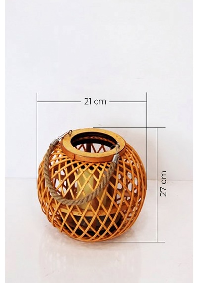 Doğal Bambu Hasır Fener Mumluk - İpli Dekoratif Küre Mumluk Kahverengi