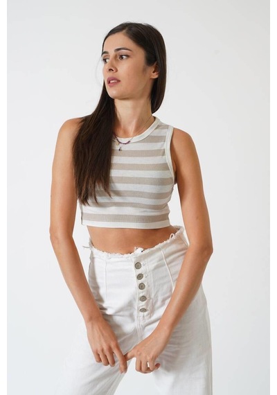 Ckm Moda Adrian Yüksek Kalite Kadın Yuvarlak Yaka Çizgili Crop Bluz Ekru