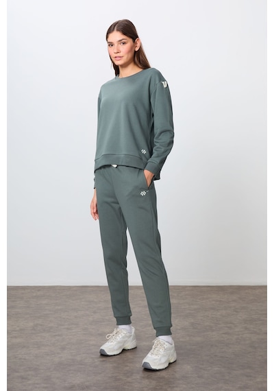 Tommy Life Haki Kompakt Pamuklu Kalın Pürüzsüz Dokulu O Yaka Oversize Fit Kadın Eşofman Takım - 95341 Haki