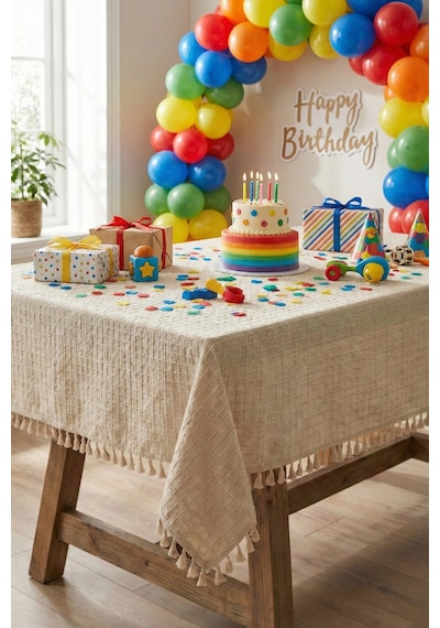 Organizasyon Monika Püsküllü Masa Örtüsü - Baby Shower, Doğum Günü, Nişan Bohem Vintage Buldan Örtü Bej