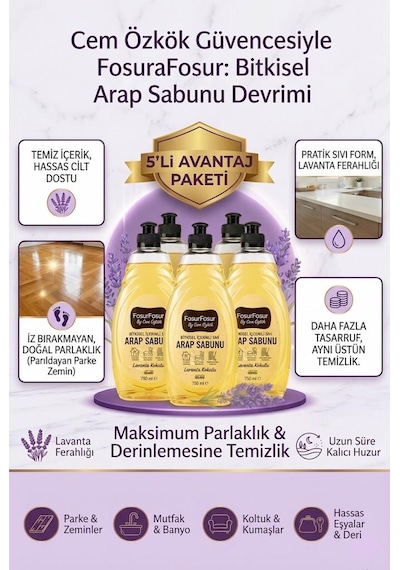 Foşurfoşur By Cem Özkök Lavanta Kokulu Bitkisel Sıvı Arap Sabunu 5 x 750 ML