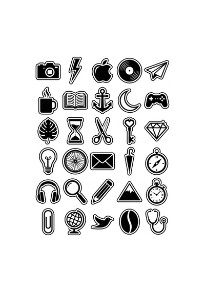 30 Adet Siyah Beyaz Minimalist Obje Sticker Seti - Laptop Telefon Defter İçin
