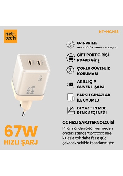 Nettech Nt-hch12 Pd+qc Ganprime 67w Şarj Aleti Pembe