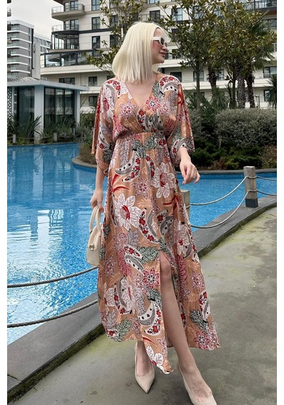 Madmext Camel Desenli Yırtmaç Detaylı Uzun Elbise Mg2325 Camel