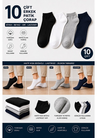 Hitit Socks 10 Çift Erkek Patik Çorap 40-45 Numara Siyah Beya... Çok Renkli