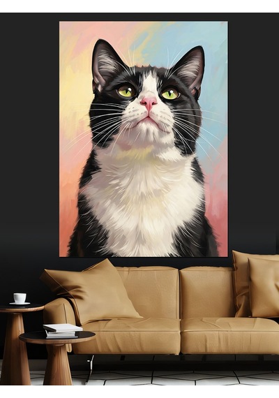 Ahşap Tablo Yukarı Bakan Siyah Kedi