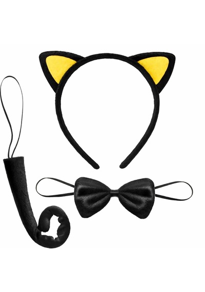 Sarı - 418 - Kulaklı Kedi Kostüm Seti Taç Papyon Kuyruk - Csmo-tex - 3 Parça