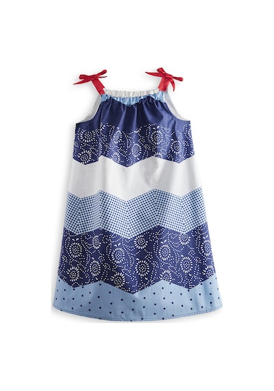 Denokids Lacivert Beyaz Desenli Poplin Kız Çocuk Elbise Renkli Çok Renkli