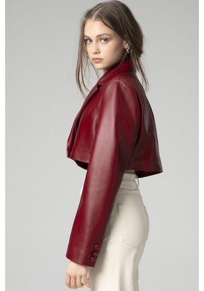 Dericlub Jasmine Kadın Crop Blazer Hakiki Deri Ceket A.bordo Null Bordo