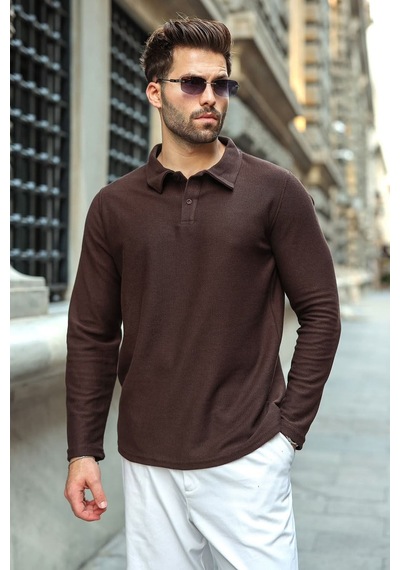 Madmext Acı Kahve Gömlek Yaka Dokulu Regular Fit Erkek Sweatshirt E7203 Acı Kahverengi