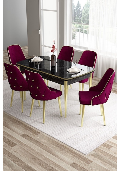 Canisa Tia Serisi Açılabilir Mdf Mutfak Masası Takımı Siyah Mermer Desen Masa Gold Detay 6 Mürdüm Sandalye Masa Siyah Mermer Desen Sandalye Mürdüm Canisa Tia Serisi Açılabilir Mdf Mutfak Masası Takımı Siyah Mermer Desen Masa Gold Detay 6 Mürdüm Sandalye Masa Siyah Mermer Desen Sandalye Mürdüm