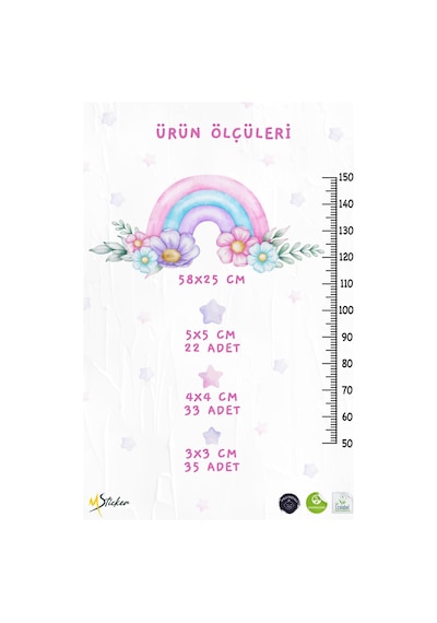 Soft Pembe Renklerde Gökkuşağı Çiçekler Ve Yıldızlar Temalı Boy Ölçer Boy Cetveli Sticker Seti Çocuk Dijital Baskı
