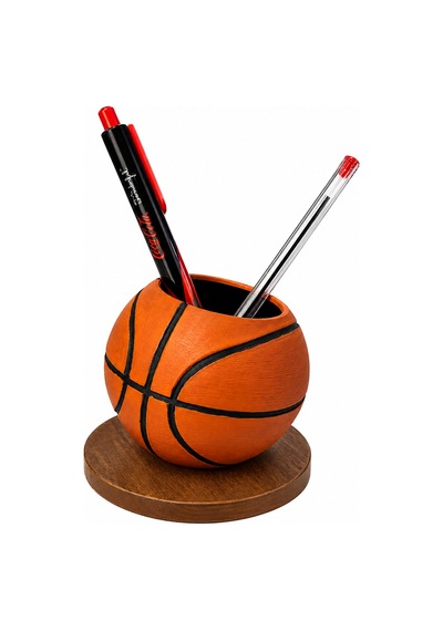Basketbol Topu Tasarım Kalemlik 10 Cm Standlı Dekoratif Masaüstü Organizer Kalem Tutucu Siyah - Beyaz