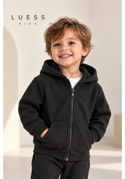 Luess Çocuk Kapüşonlu Fermuarlı Sweatshirt Siyah