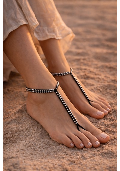 Boncuk Detaylı Halhal Çift Ayak Takısı Barefoot Sandal Siyah