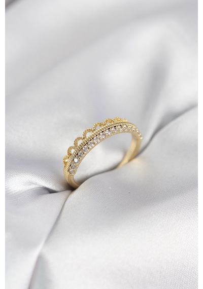Motif Desenli Gold Renk Zirkon Taşlı Kadın Yüzük Açık Mavi