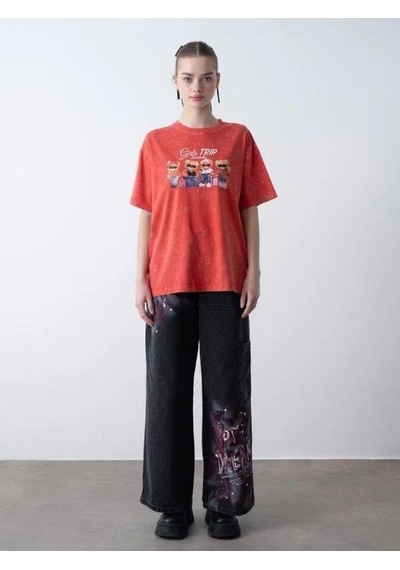 Zekids Kız Çocuk Ayıcık Baskılı Oversize T-shirt-15808 Kırmızı